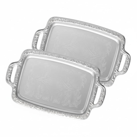 Tiangrid 2 Pcs Silver Serving Tray Elegant Floral Metal Plate Silver Platter for Buffet Wedding Party Jewelry Decorative (Oblong with Handle)
