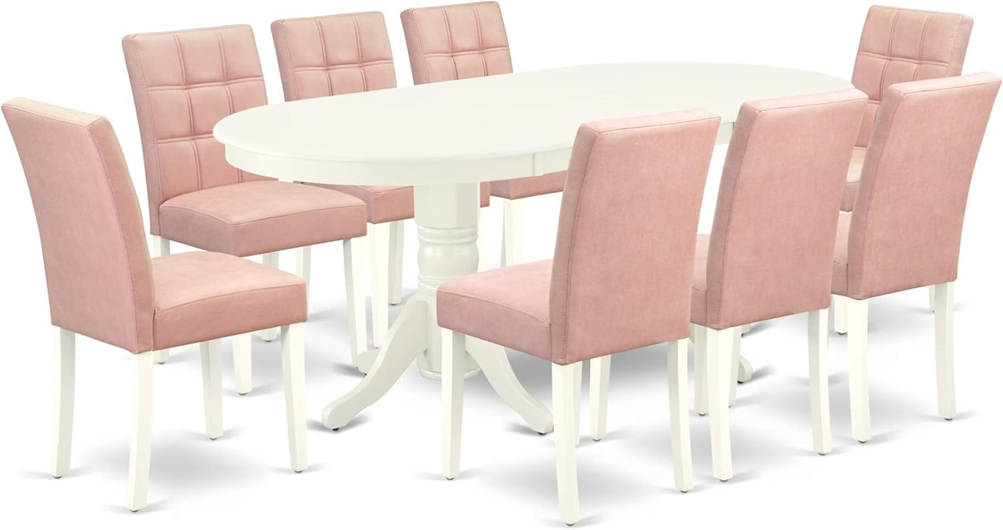 East West Furniture VAAS9-LWH-42 9 Piece Kitchen Table Set Mid-Century Includes A Dining Table and 8 Beige Red Polyester Fabric Upholstered Dining Chairs with Stylish Back- Linen White Finish