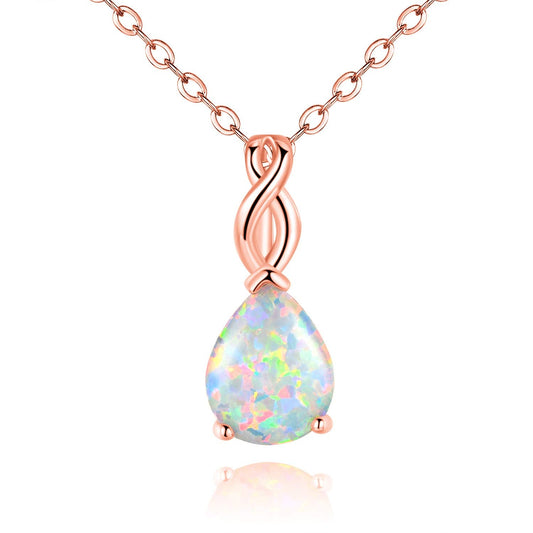 VOLUKA Teardrop White Fire Opal Necklace for Women 18K Rose Gold Plated October's Birthstone Gemstone Pendant Vintage Elegant Friendship Link Chains Choker Mother