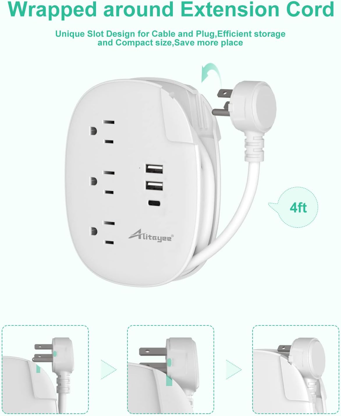 Alitayee USB C Travel Power Strip,Portable Power Strip with 3 Outlets 3 USB Ports Fast Charge, USB Extension Cord with Flat Plug and 4ft Wrapped Around Extension Cord for Cruise Travel Home Office