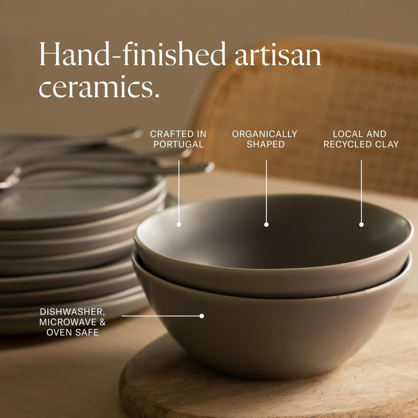 Fable Dinnerware Set - Includes 4 Each of The Dinner + Salad Plates, and The Breakfast Bowls - Dishwasher Safe, Durable Stoneware Ceramic Plates and Bowls - Speckled White