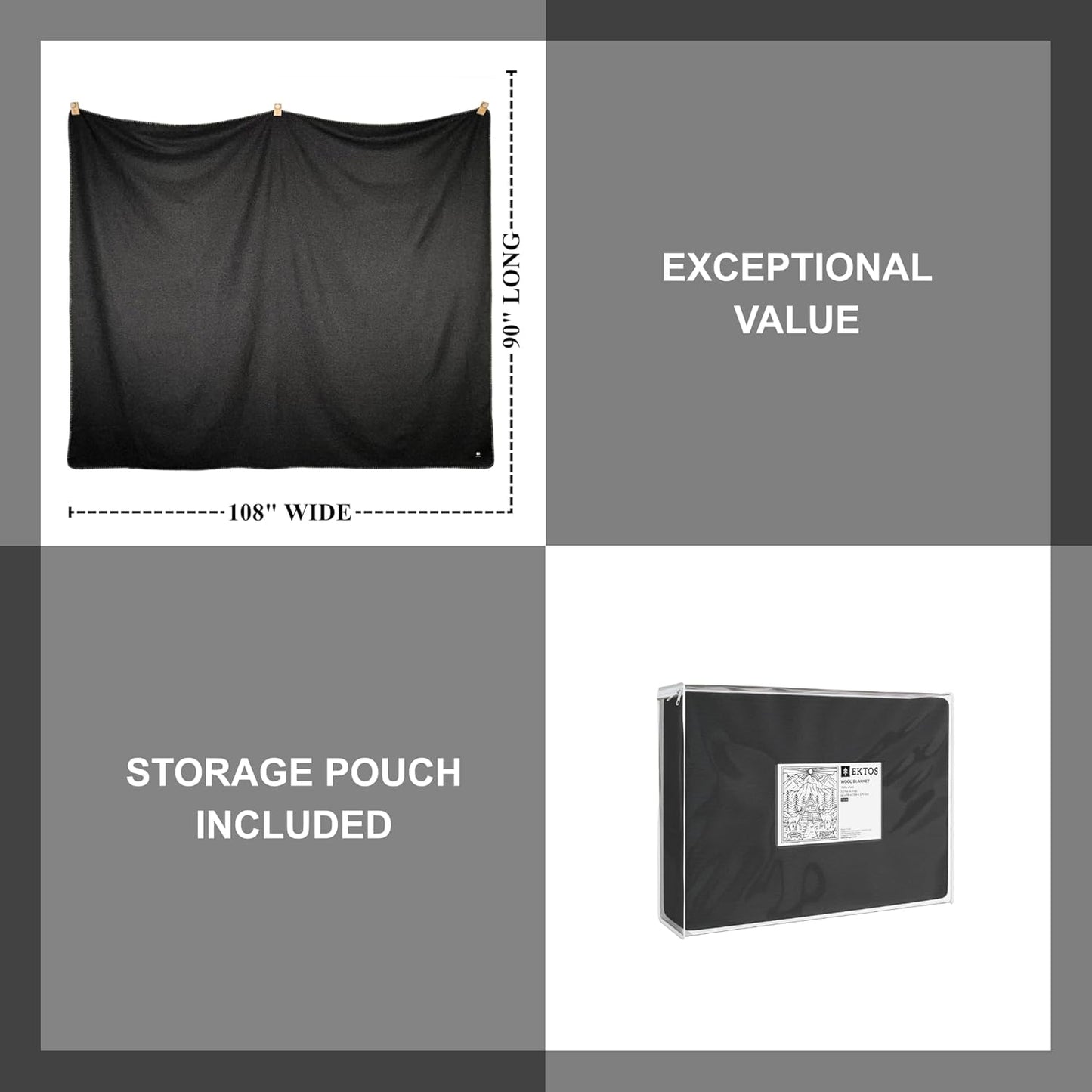 EKTOS 100% Virgin Wool Blanket, 90" x 108", Warm, Thick Fabric, XL, Winter Essentials (Charcoal, King Size)
