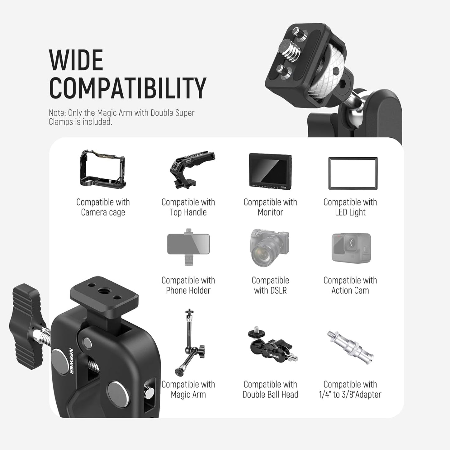 NEEWER Double Super Clamp Camera Mount with Magic Arm, NATO Interface, Cold Shoes, 1/4" Locating Holes for ARRI, Desk Studio Photography Light Stand Pole Cross Bar Umbrella Holder Clamp Mount, UA060