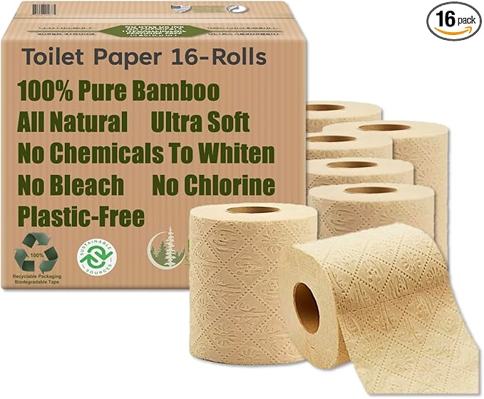 100% Bamboo, thick 3-ply toilet paper, tree-free, unbleached, sustainable, 300 sheets per roll (TP 16)