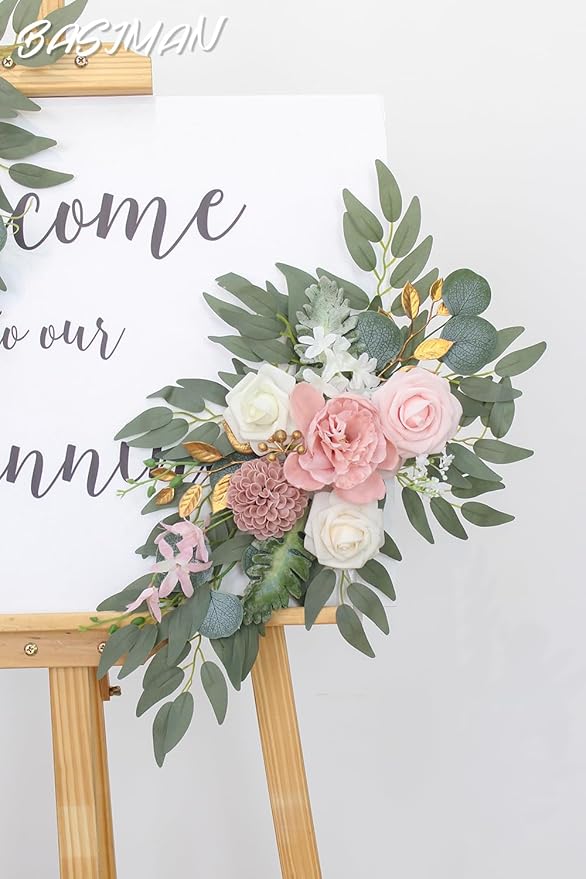 Arch Flowers (Pack of 2) for Wedding Ceremony Arbor and Reception Backdrop Decoration Wedding Welcome Signs Floral Birthday Party Decoration(White Pink)