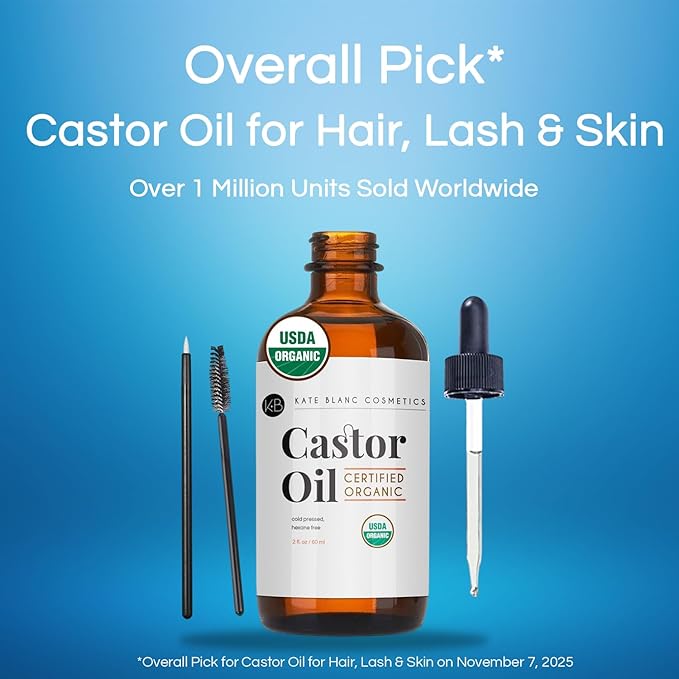Kate Blanc Cosmetics Castor Oil Organic for Hair, Lashes, Face (2oz), 100% Pure, Cold Pressed, Hexane Free Hair Oil. Eyelash Serum for Thicker-Looking Eyelashes & Eyebrows