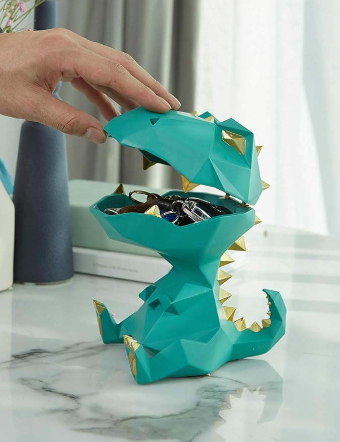 HAUCOZE Dinosaur Statue Candy Dish Key Bowl Dino Gifts Sculpture Modern Home Decor Accessories Pop Arts Polyresin Cookie Jar Green 7.5 inch