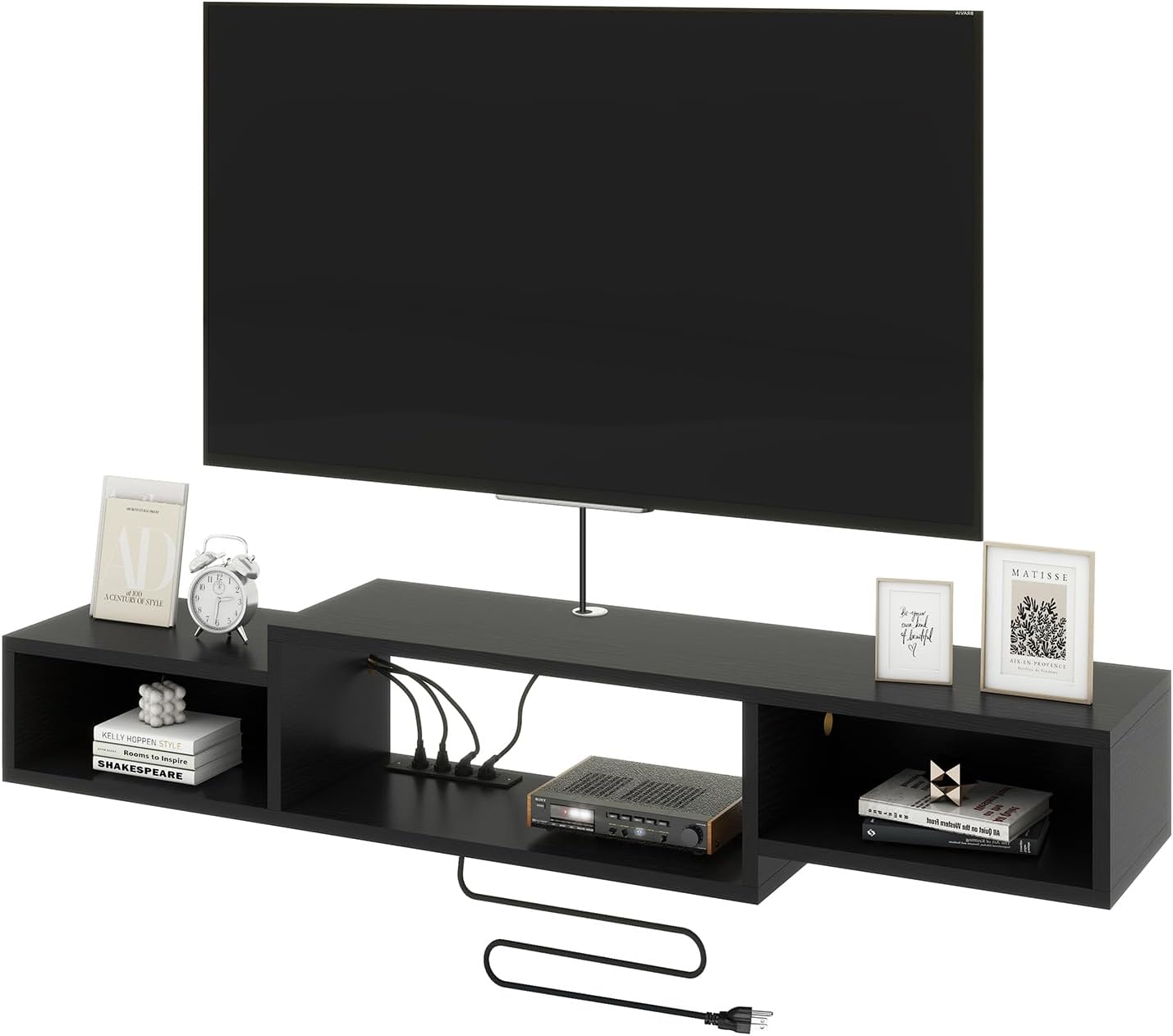 IBUYKE 59" Floating TV Stand Wall Mounted with Power Outlet,Wood Wall Mounted Media Console Shelf,Floating Entertainment Center for Under TV Storage for Living Room Bedroom Office,Black WST007B