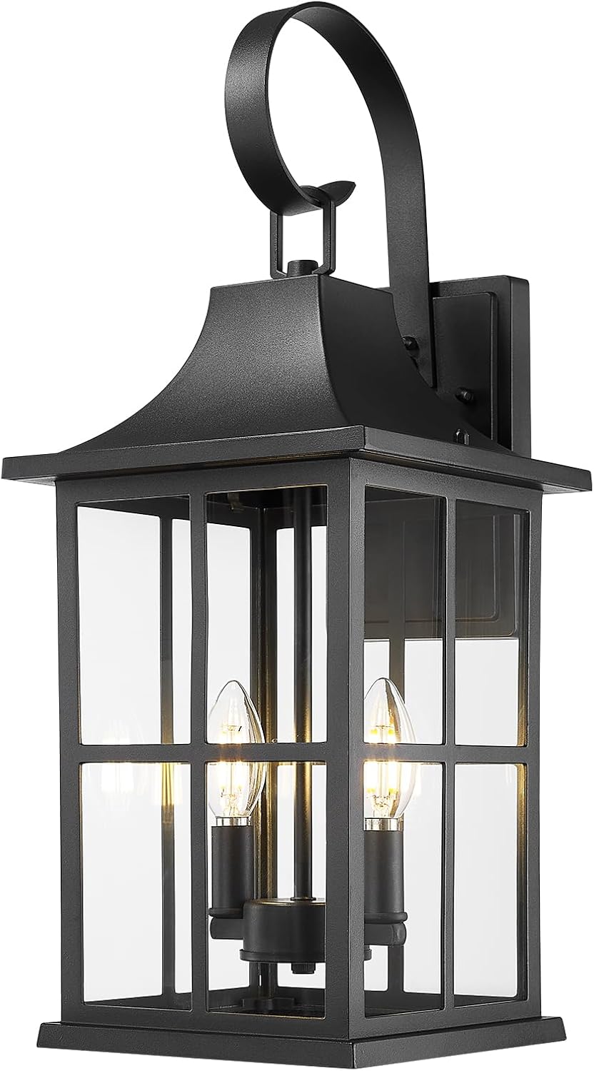 Emliviar 21.5" Large Wall Mounted Light Fixture, Classic Black Exterior Light Fixture 2-Light with E12 Base, Porch Lighting with Clear Glass Shade, YXE306B-M BK