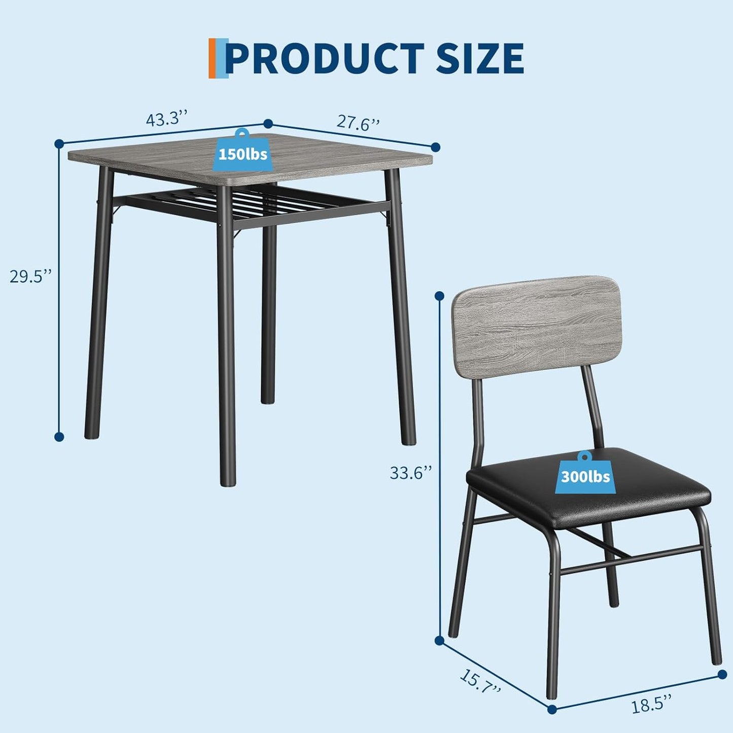 GAOMON 3-Piece Dining Table Set for 2, Wood Kitchen Table Set with Built-in Storage Rack,Small Kitchen Table with Upholstered Chairs and Metal Frame for Small Spaces，Gray