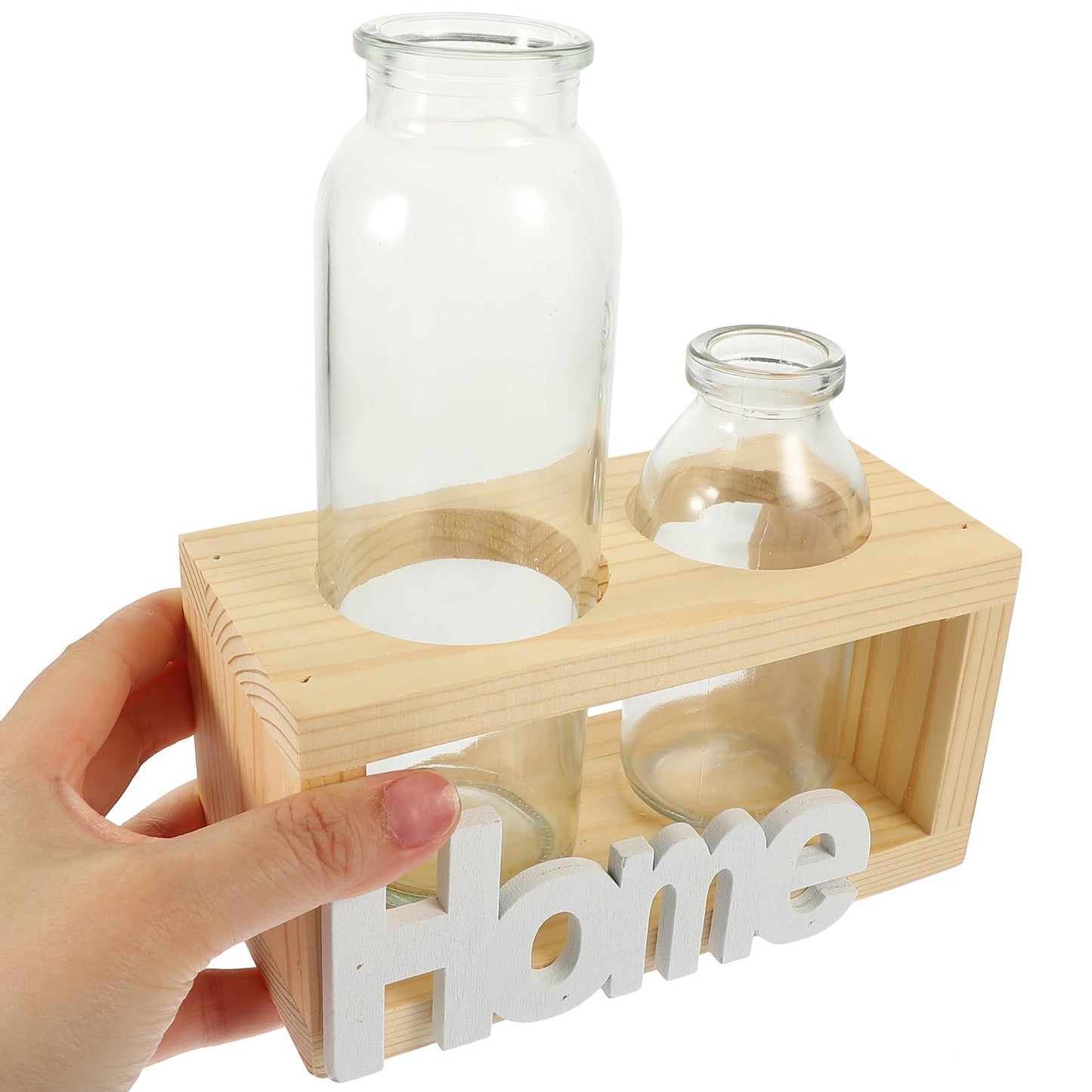 TOYANDONA Hydroponic Glass Flower Vase with Wooden Rack, Nordic Style Desktop Terrarium Planter for Indoor Plant Propagation and Home Decoration, 2pcs Set