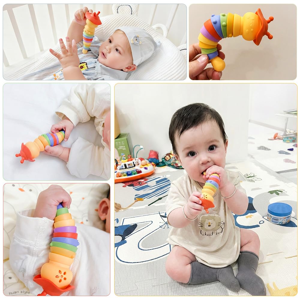 Wishbird Baby Teething Toy, Caterpillar Silicone Baby Teether Rattle Toys, BPA-Free Sensory Development & Color Recognition Learning for 0 6 10 12 18 Babies Toddler Teething Relief LC1