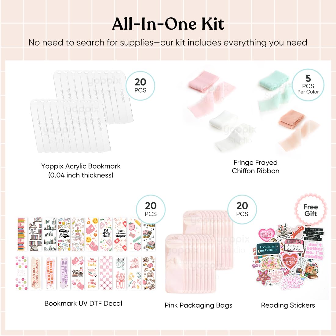 YOPPIX 6x2” Acrylic Bookmark Blanks- 20 Set Bookmark Making Kit with 20 UV DTF Stickers About Booklover Theme 20 Ribbon 80 Bookish Stickers for DIY Your Crafts Gift for Book Lover