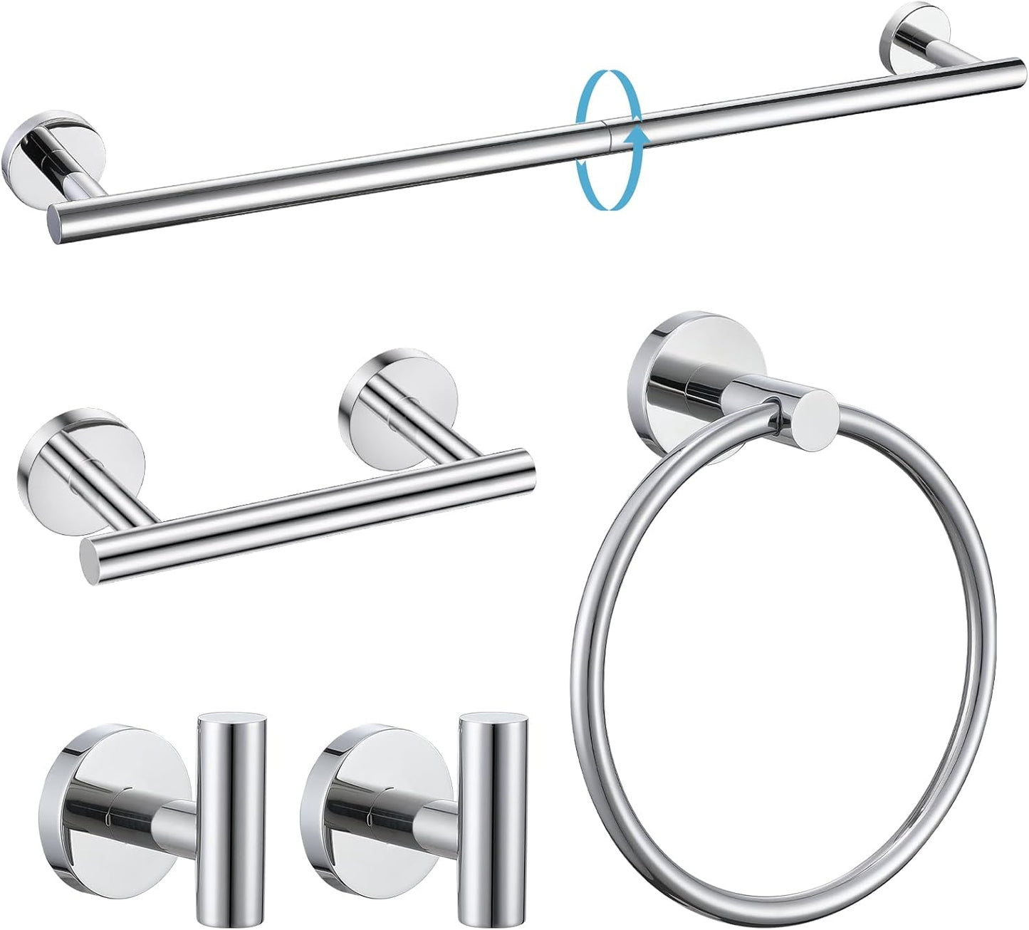 TURS Polished 5 Piece Bathroom Hardware Set, 24 Inch Bath Towel Bar Set, Round Bathroom Accessories Kit Wall Mounted SUS304 Stainless Steel