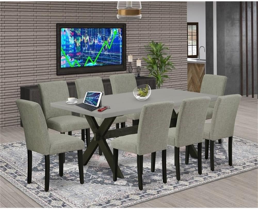 East West Furniture X697AB106-9 9 Piece Modern Dining Table Set Includes a Rectangle Wooden Table with X-Legs and 8 Shitake Linen Fabric Parson Dining Chairs, 40x72 Inch, Multi-Color