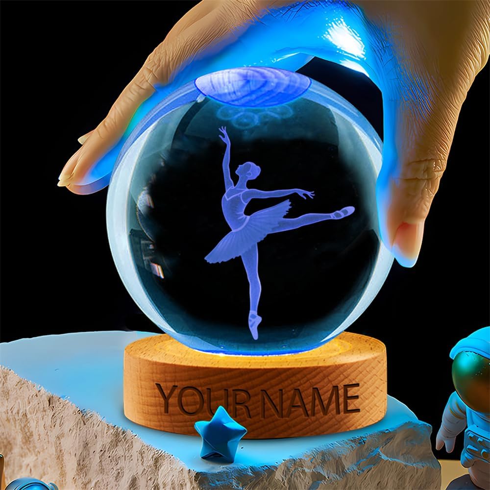 Personalized Gymnastics Crystal Night Light Gift for Women, Custom Name/Number Gymnastics Player 3D Crystal Ball Night Light Lamp for Bedroom Room Sports Decor Party Bar Christmas Birthday Gift