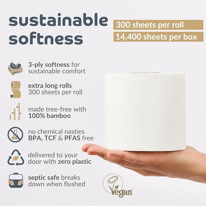 Bumboo Bamboo Toilet Roll 48 Pack | Toilet Paper 3 ply, 300 Sheets | Plastic-Free, Soft, Strong, Sustainable & Biodegradable Toilet Tissue