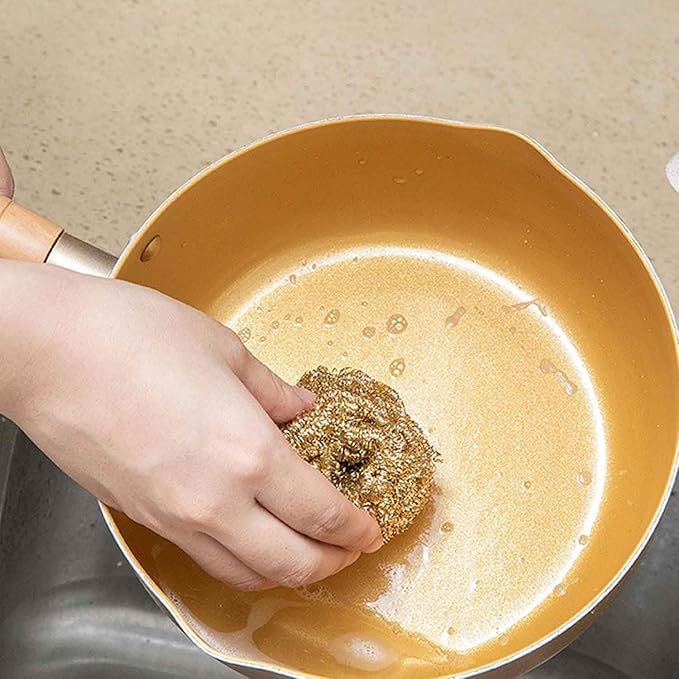 6PCS Brass Kitchen Cleaner, Scrubbing Scour Copper Scrubber Non Scratch Dishes Scrubber Kitchen Steel Wool Easy Scouring Scrubbing Brush Pot Pan Oven Washing Ball Golden Copper Scrubber