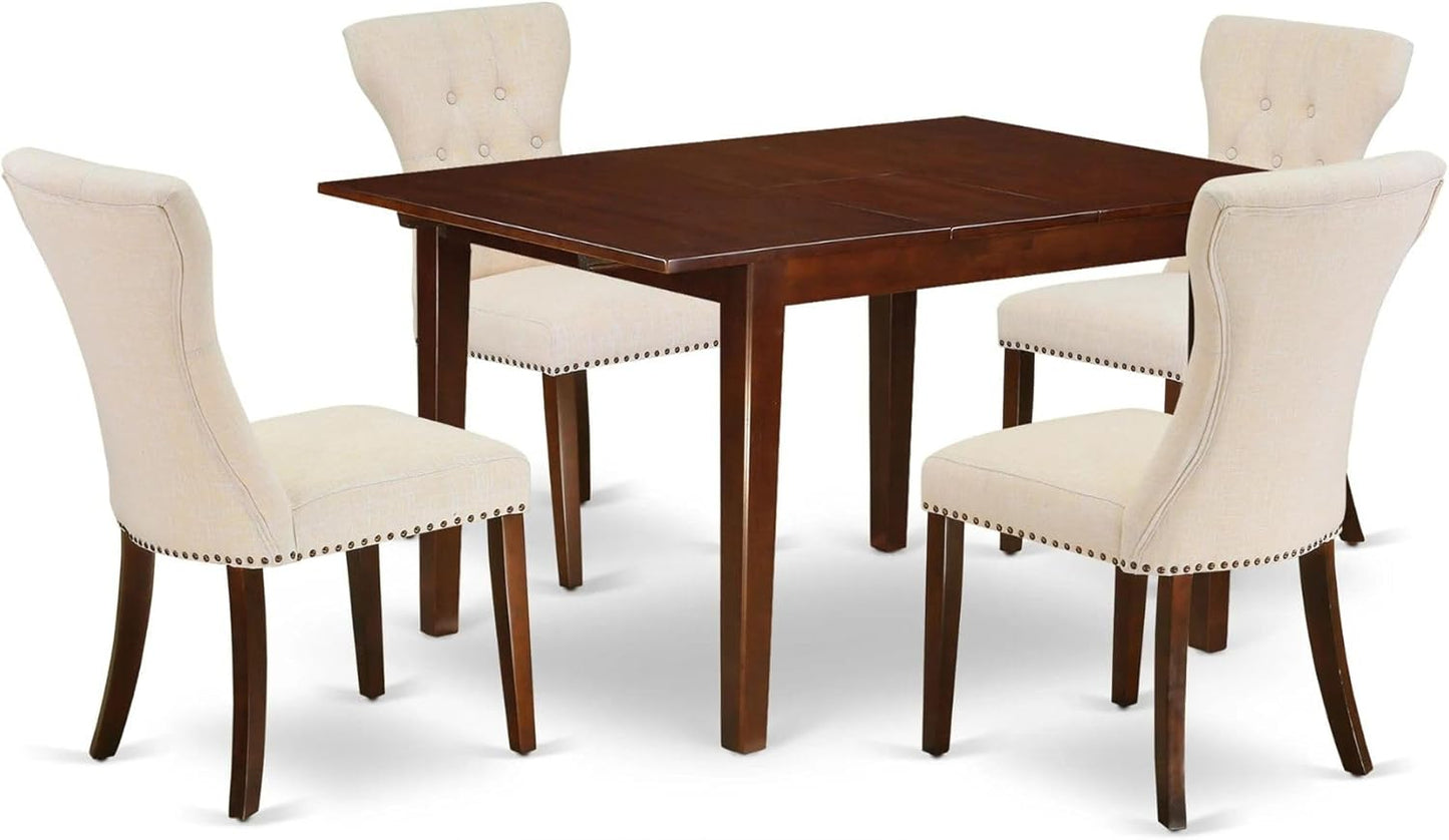 East West Furniture MLGA5-MAH-32 5 Piece Modern Dining Table Set Includes a Rectangle Wooden Table with Butterfly Leaf and 4 Light Beige Linen Fabric Parson Chairs, 36x54 Inch, Mahogany