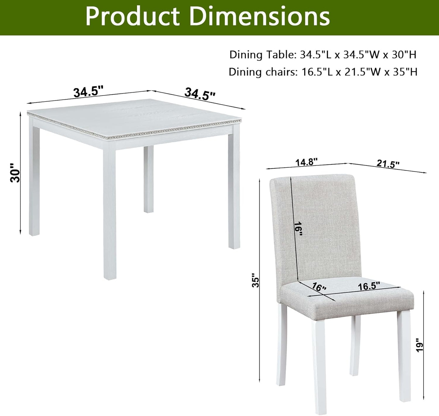 KEIKI 5-Piece Standard Height Dining Table Set with Square Table and 4 Upholstered Chair, for 4 Person, Modern Style Crystal Decoration Wood Table Set, Easy Assembly, for Kitchen, Dining Room, White