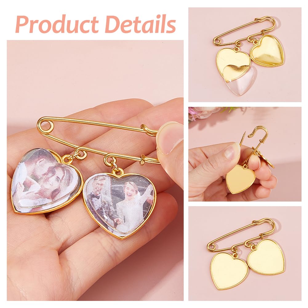 SUPERFINDINGS 5 Set Wedding Bouquet Photo Charm Gold Bridal Brooches Pins DIY Pin Brooch Making Kit Alloy Double Heart Style Pendant Memorial Photo Charm for Women Wedding Memory Bridal Jewelry Gift