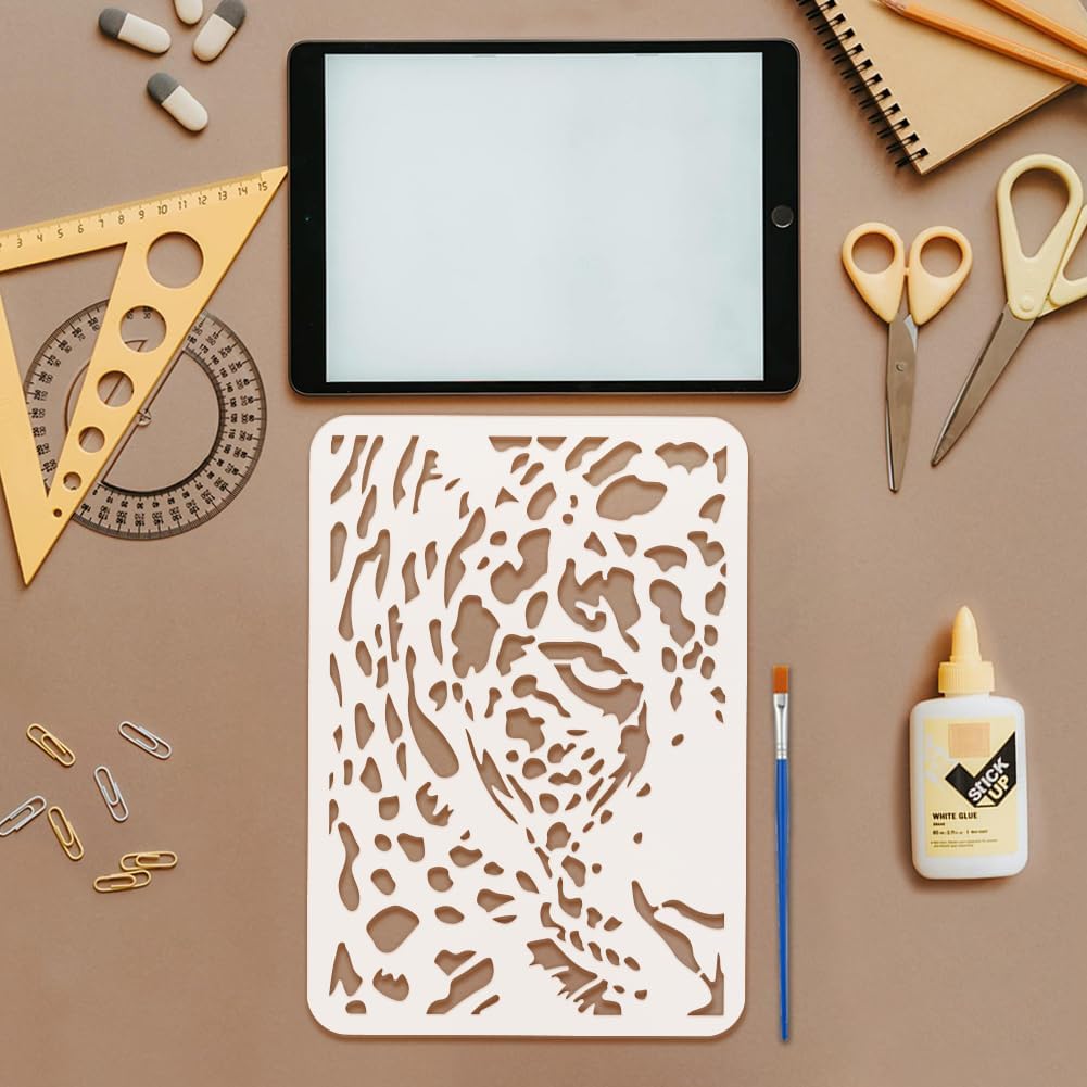 FINGERINSPIRE Peep Leopard Stencil with a Paint Brush 11.7x8.3Inch Abstract Leopard Pattern Painting Stencil Reusable PET Animal Themes Decoration Template for Painting on Wood Wall Floor Furniture