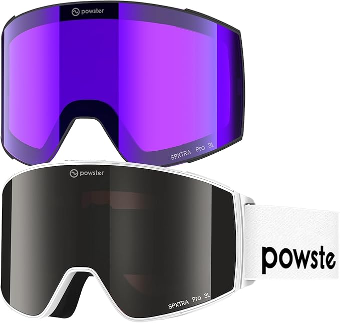 Powster Ski Goggles Snow OTG Snowboard Goggles Magnetic Interchangeable Lens Frameless UV Protection Anti-fog mobile Skating