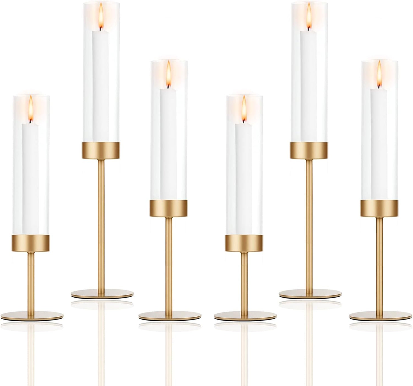 Set of 6 Gold Candle Holders, Tall Hurricane Candlestick Holders with Glass for Taper and Pillar Candles, Home Decor for Wedding, Christmas, Party, Anniversary, Dining Table