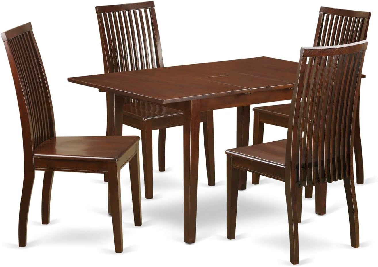 East West Furniture PSIP5-MAH-W 5 Piece Dinette Set for 4 Includes a Rectangle Dining Room Table with Butterfly Leaf and 4 Dining Chairs, 32x60 Inch, Mahogany