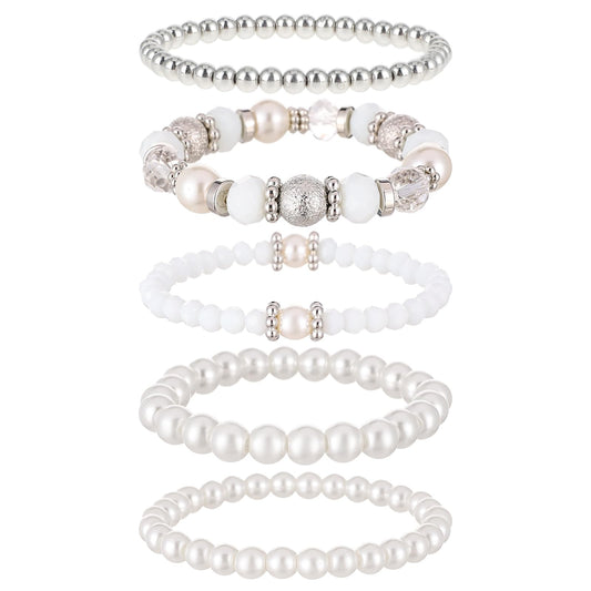 5 Pcs Beaded Stretch Bracelets White Stackable Bracelets Crystal Bead Bracelet Boho Beaded Bracelets Stretch Layering Crystal Stone Beaded Bracelets Trendy Costume Jewelry Gifts for Women