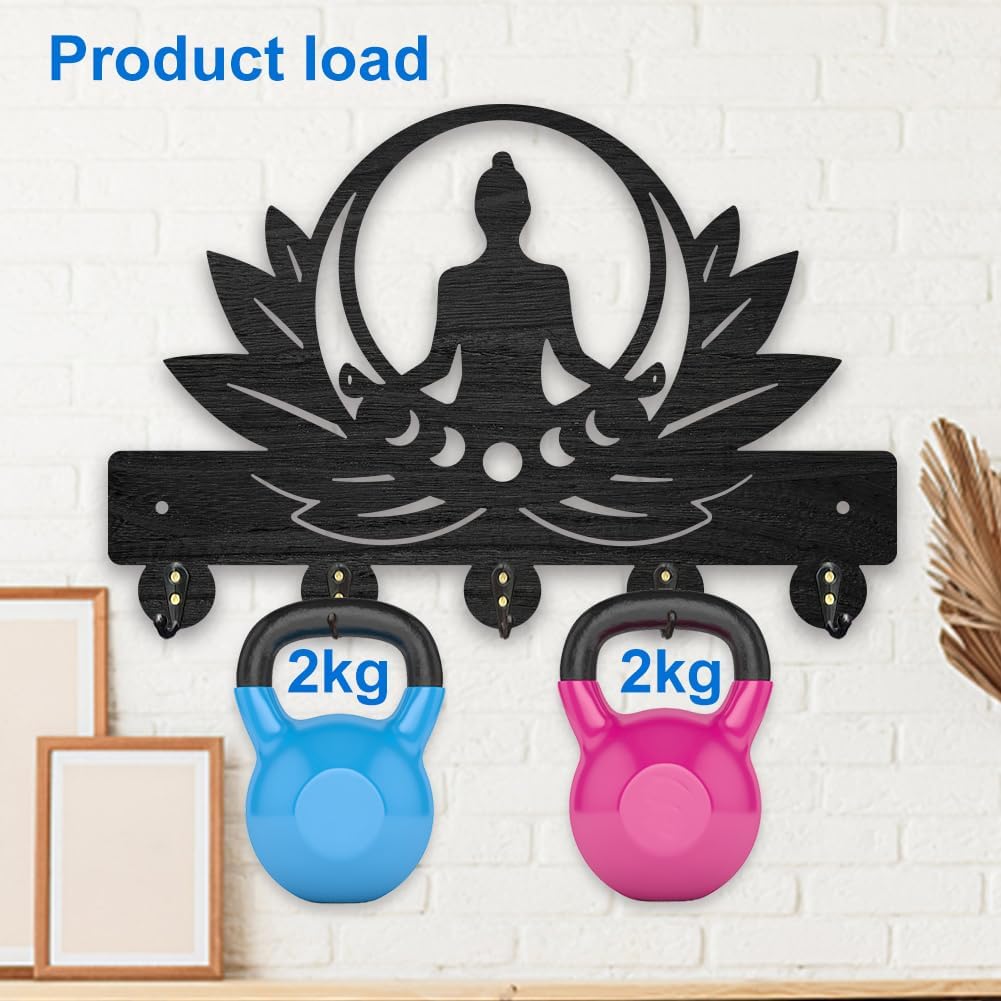 MAYJOYDIY Wooden Lotus Meditation Key Hook Zen Lotus Wall Mounted Coat Rack 11.8 x 7.8 inches Black Art Buddhist Buddha Key Hanger with 5 Alloy Hooks for Bedroom Kitchen Entryway Office