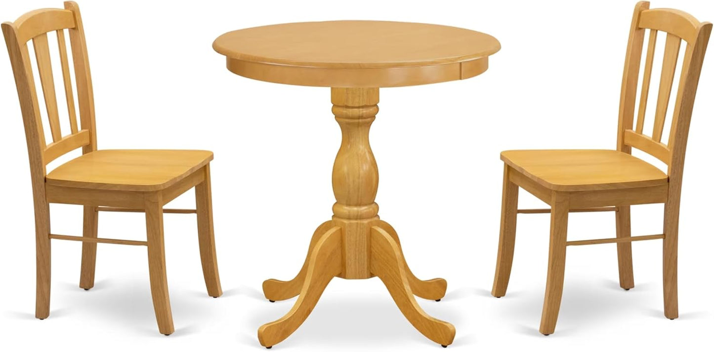 East West Furniture ESDL3-OAK-W 3 Piece Kitchen Table Set for Small Spaces Contains a Round Dining Room Table with Pedestal and 2 Solid Wood Seat Chairs, 30x30 Inch, Oak