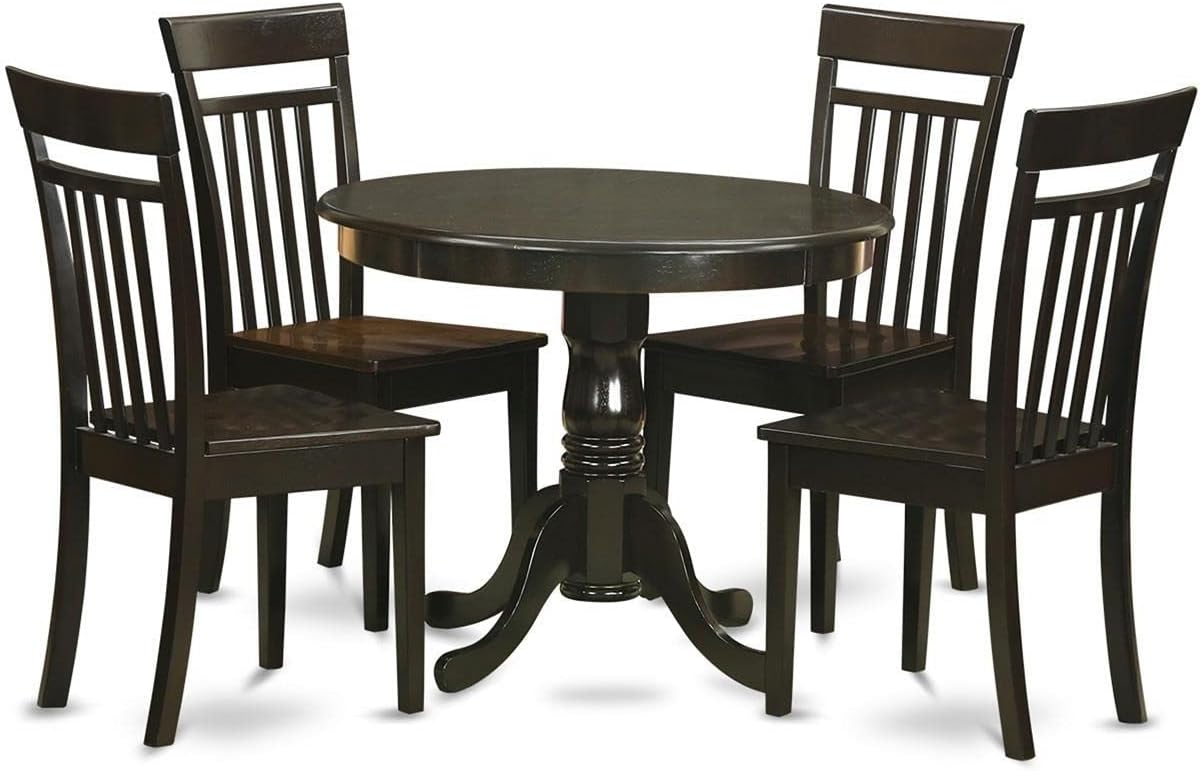 East West Furniture ANCA5-CAP-W 5 Piece Dining Set Includes a Round Dining Room Table with Pedestal and 4 Wood Seat Chairs, 36x36 Inch, Cappuccino