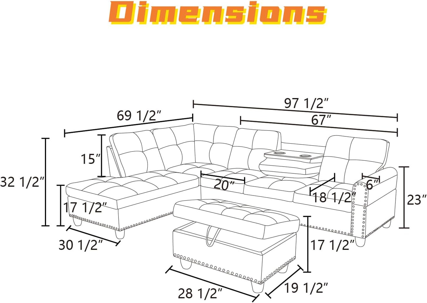 L Shaped Sectional Couch with Otttoman, 97" Leather Sectional Sofa for Living Room Modular Couches with Cup Holders for Bedroom, Apartments, Grey