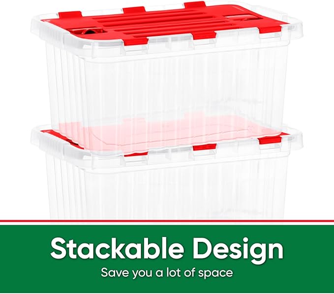 Superio Storage Box with Hinged Lids, Plastic Container Bins for Organizing with Attached Lid, Stackable Crates, BPA Free, Organizers for Home, 19 Quart (Clear with Red Lids, 17"x11.65"x8.75")