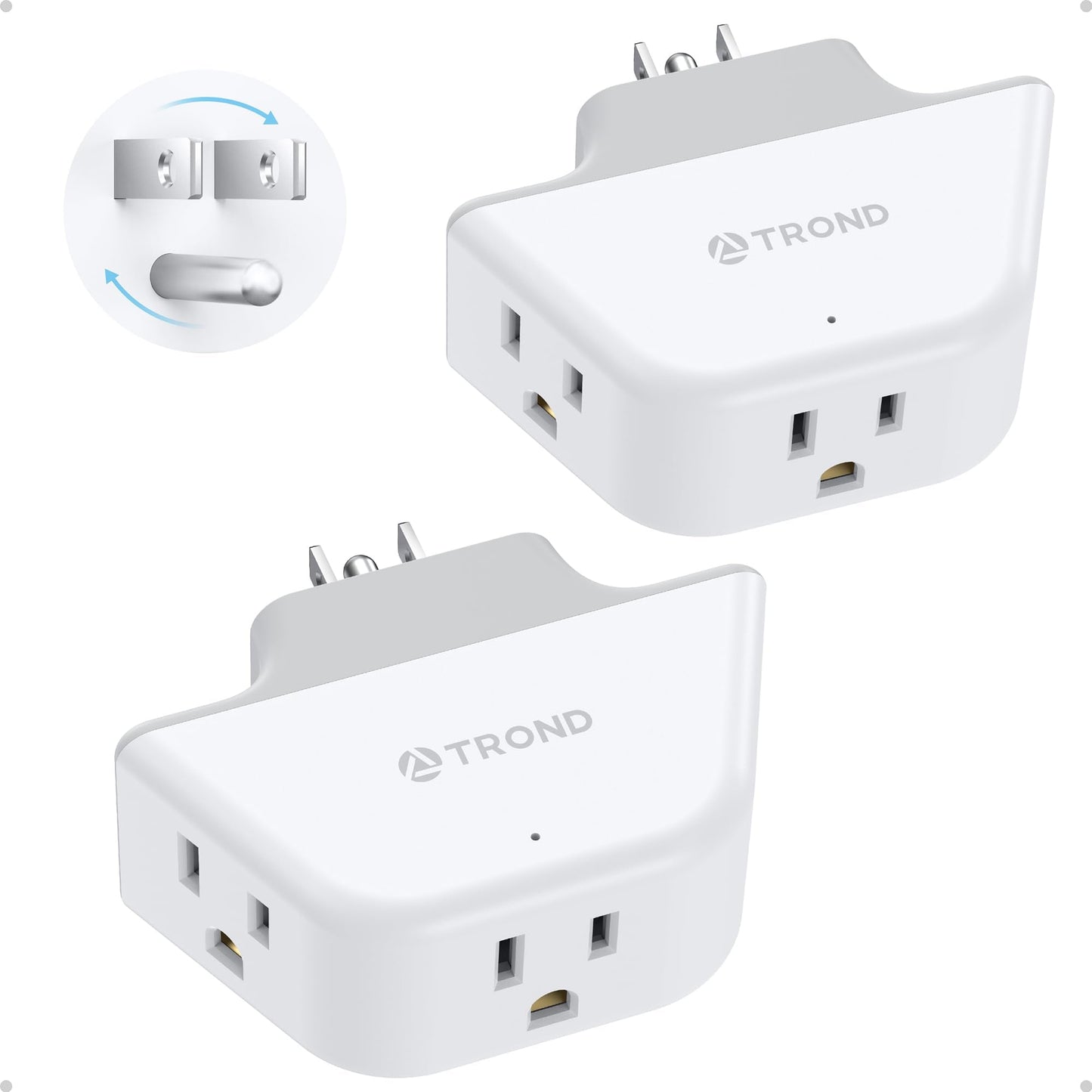 TROND 360 Rotating Plug Outlet Extender 2 Pack, 3 Way Angled Wall Outlet Adapter, Small Multiple Plug Splitter for Bathroom Kitc