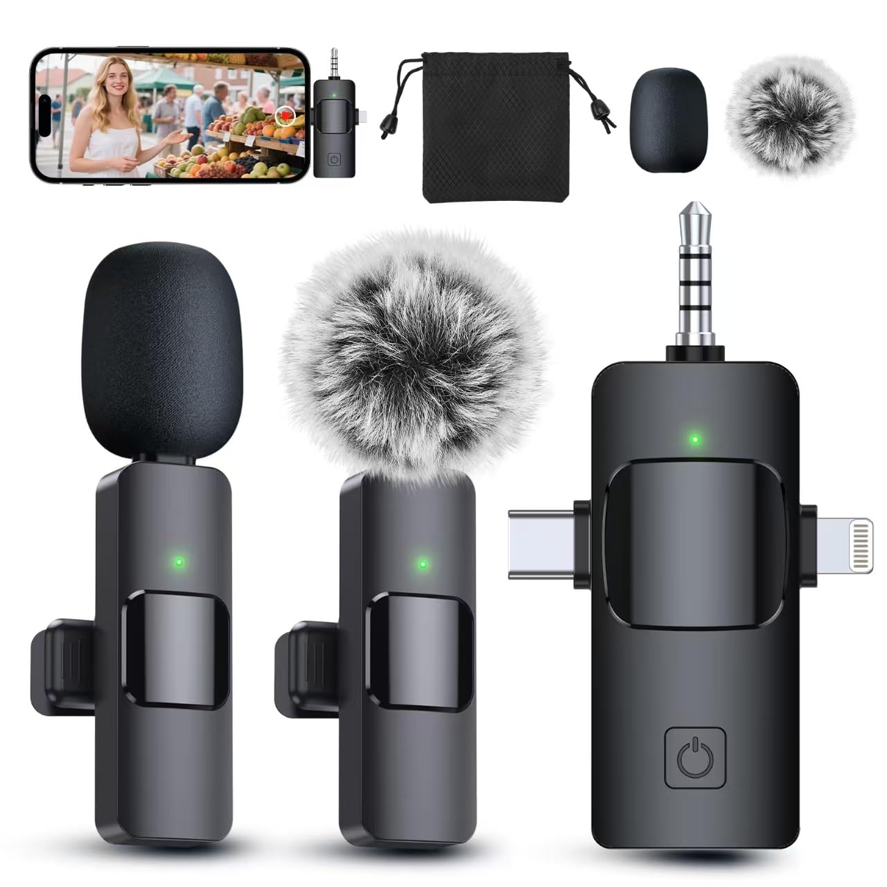 PQRQP 3 in 1 Professional Wireless Lavalier Microphone for iPhone, Android, Camera, Wireless Microphones, Mini Microphone, Cryst