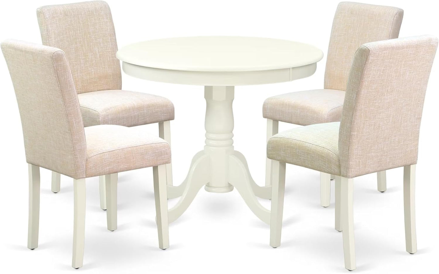 East West Furniture ANAB5-LWH-02 5 Piece Dining Table Set for 4 Includes a Round Kitchen Table with Pedestal and 4 Light Beige Linen Fabric Upholstered Chairs, 36x36 Inch, Linen White