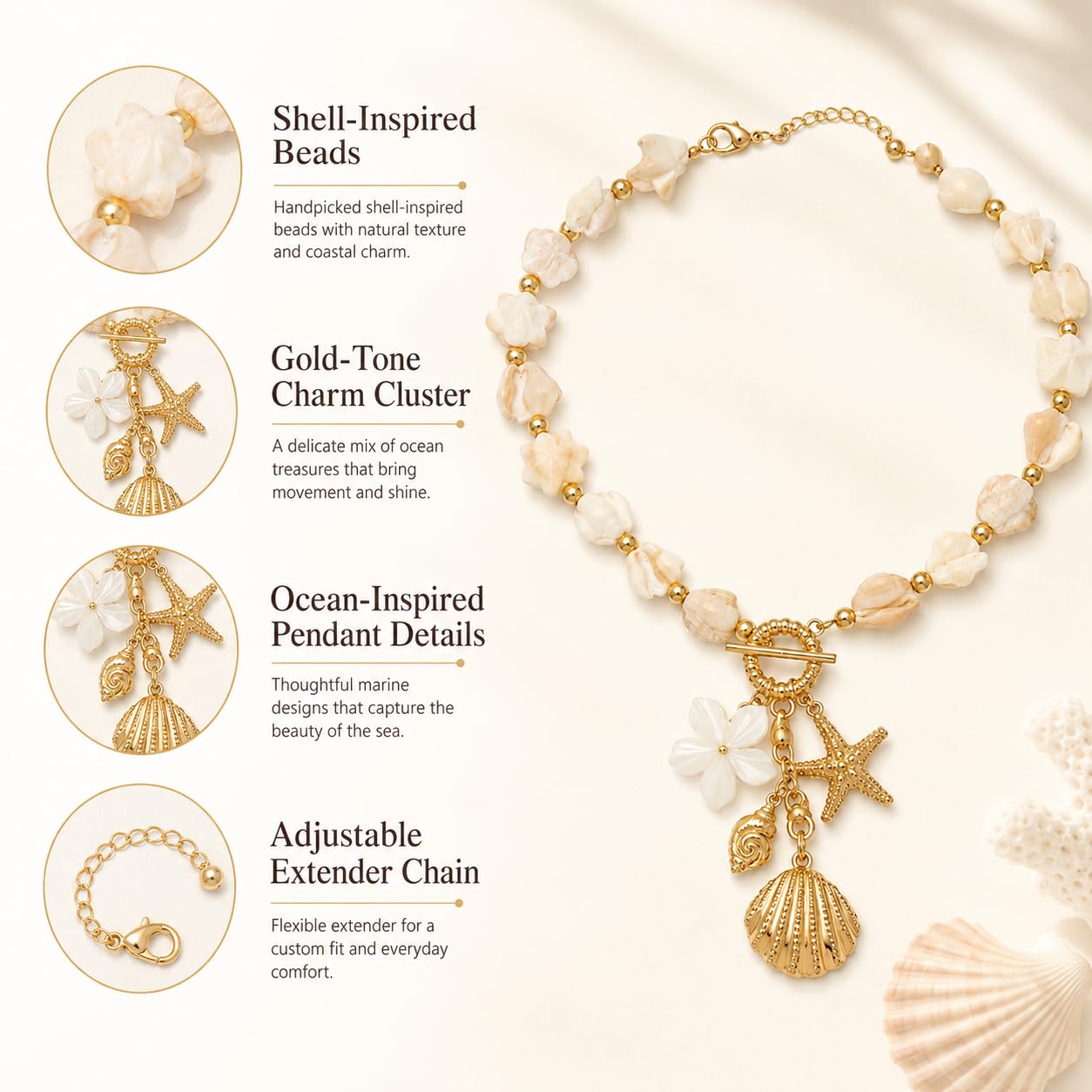 Shell Starfish Necklace for Women Gold Tone Layered Beach Jewelry Pearl Seashell Charm Adjustable Coastal Necklace for Summer Vacation Outfits Gifts
