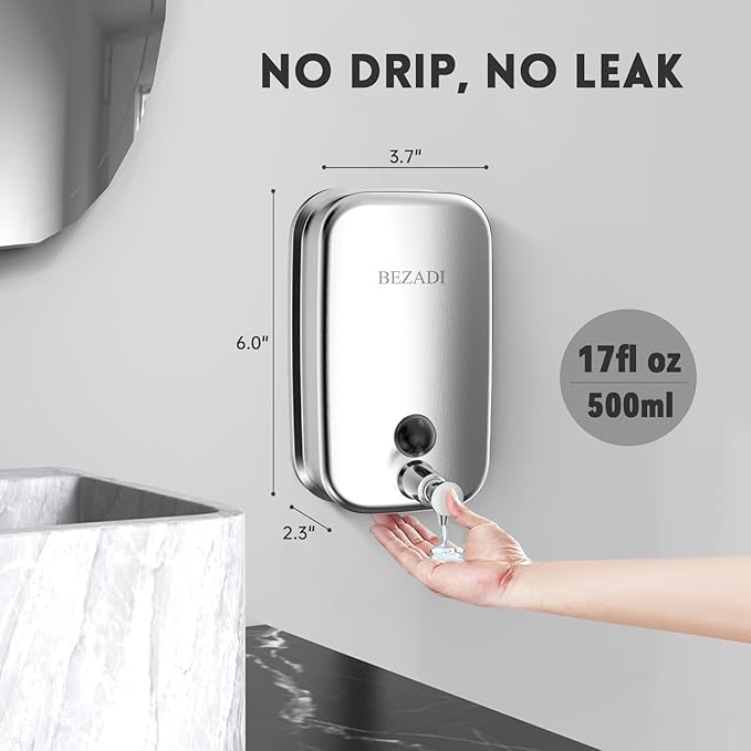 Commercial Soap Dispenser Stainless Steel Wall Mount for Bathroom and Kitchen with Premium Anti-Leak Pump and Corrosion-Proof Lining 17oz/500ml 8182