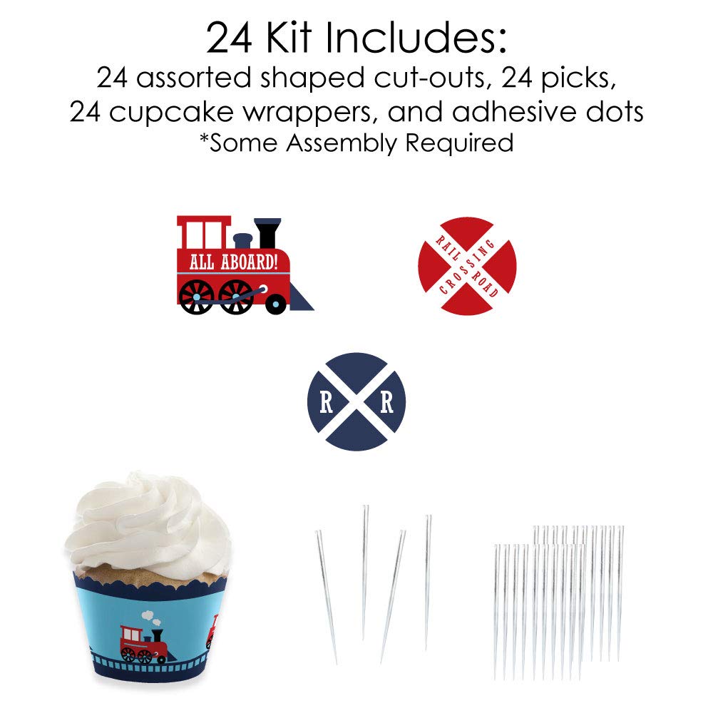Big Dot of Happiness Railroad Party Crossing - Cupcake Decoration - Steam Train Birthday Party or Baby Shower Wrappers and Treat Picks Kit - Set of 24