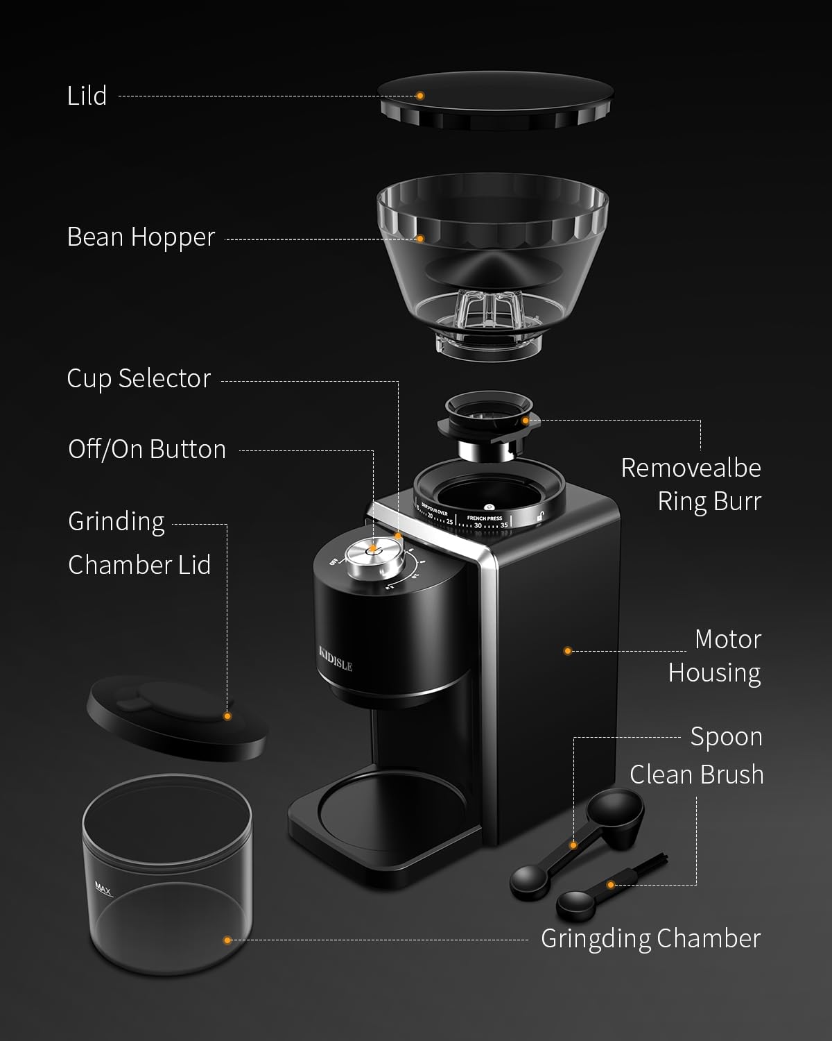 KIDISLE Conical Burr Coffee Grinder, Electric Coffee Bean Grinder for Precise Grinding, 35 Settings, 2–12 Cup Selector, Anti-Static Design for Home Use, Black
