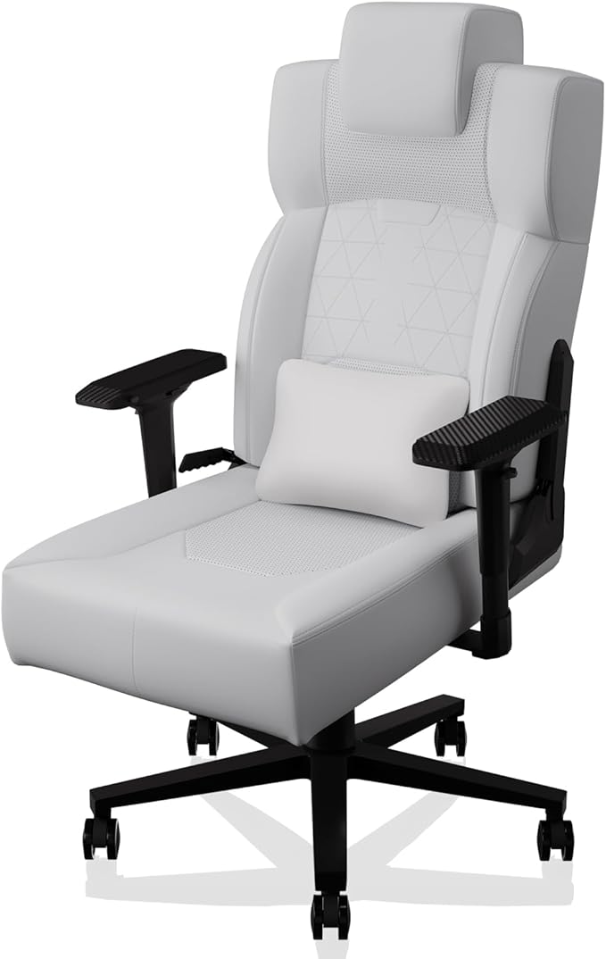 Gaming Chair Big and Tall for Adults,Ergonomic Comfortable Wide Office Chair with Lumbar Support,Desk Computer Chair High Back 155° Recline with Angle Lock,PU,White