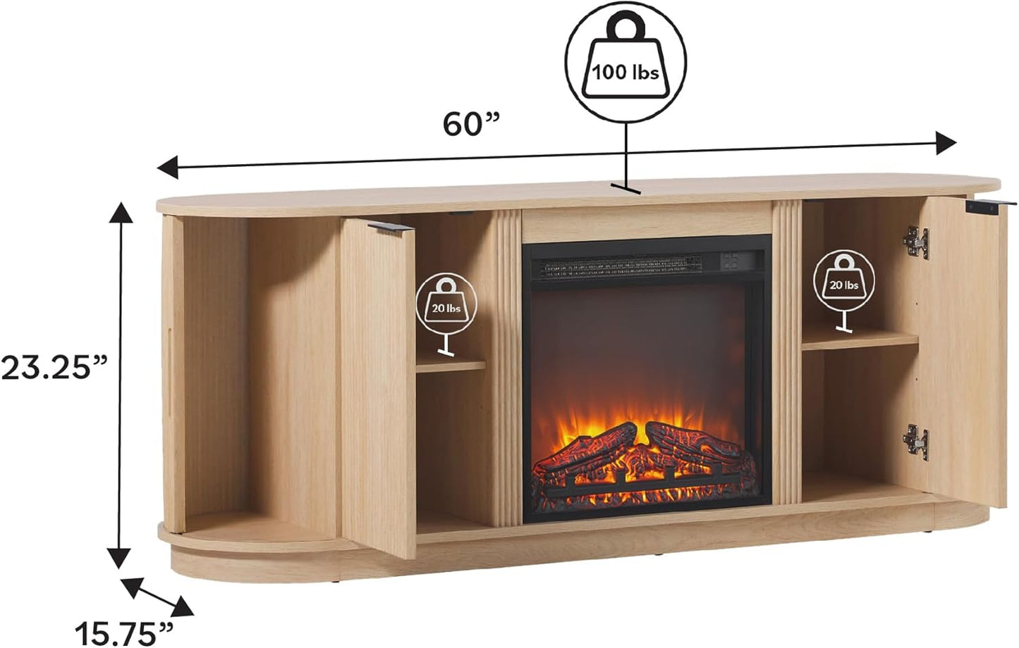 Walker Edison Chloe Reeded TV Stand with Fireplace Insert, 65 Inch, 60 inch, Coastal Oak