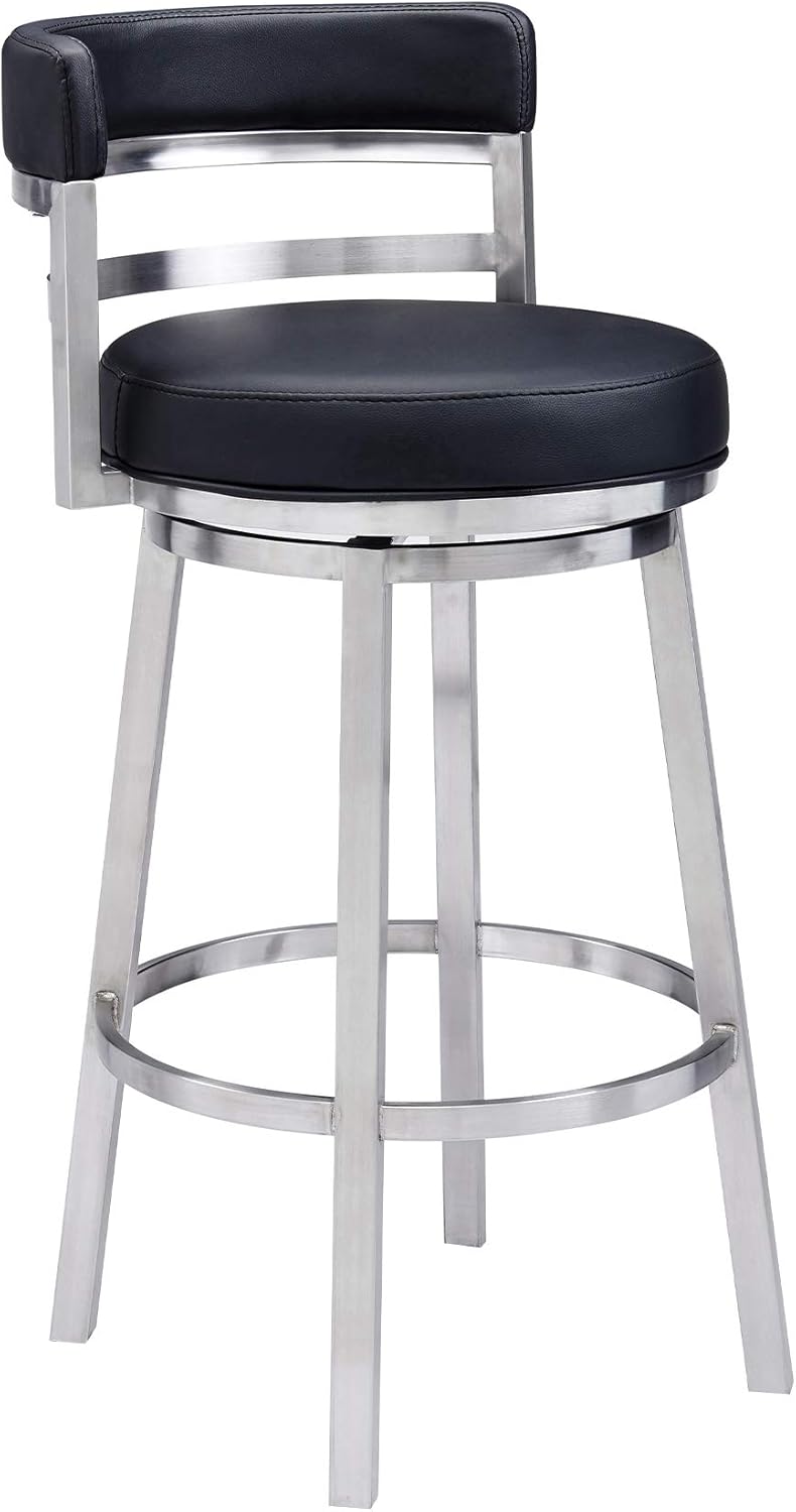 Armen Living Madrid 30" Seat Height Swivel Modern Black Faux Leather and Brushed Stainless Steel Bar Stool for Kitchen Island Counter