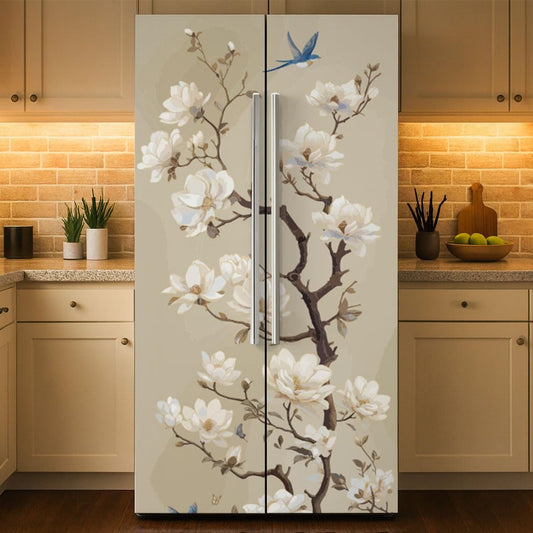 GOMAKERER 2 Pcs Branch and Bird Removable Refrigerator Wraps, Self-Adhesive Fridge Stickers Peel and Stick Vinyl Fridge Decals Sticker for Living Room Kitchen Bar Home Door Decor, 16.34x78.74 Inch