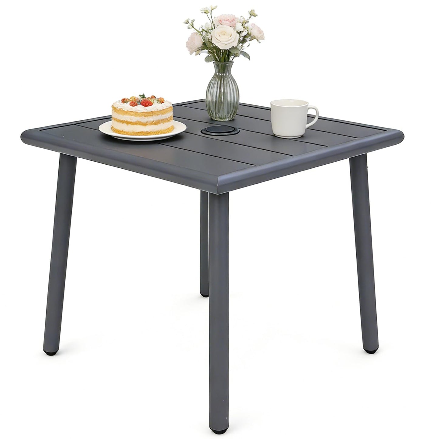 UFavo Home Small Metal Outdoor Side Table with Umbrella Hole, Sqaure Patio Coffee Bistro Table End Table, Umbrella Table with Hole for Poolside Backyard Porch Deck Balcony,19.7x19.7 inches, Gray