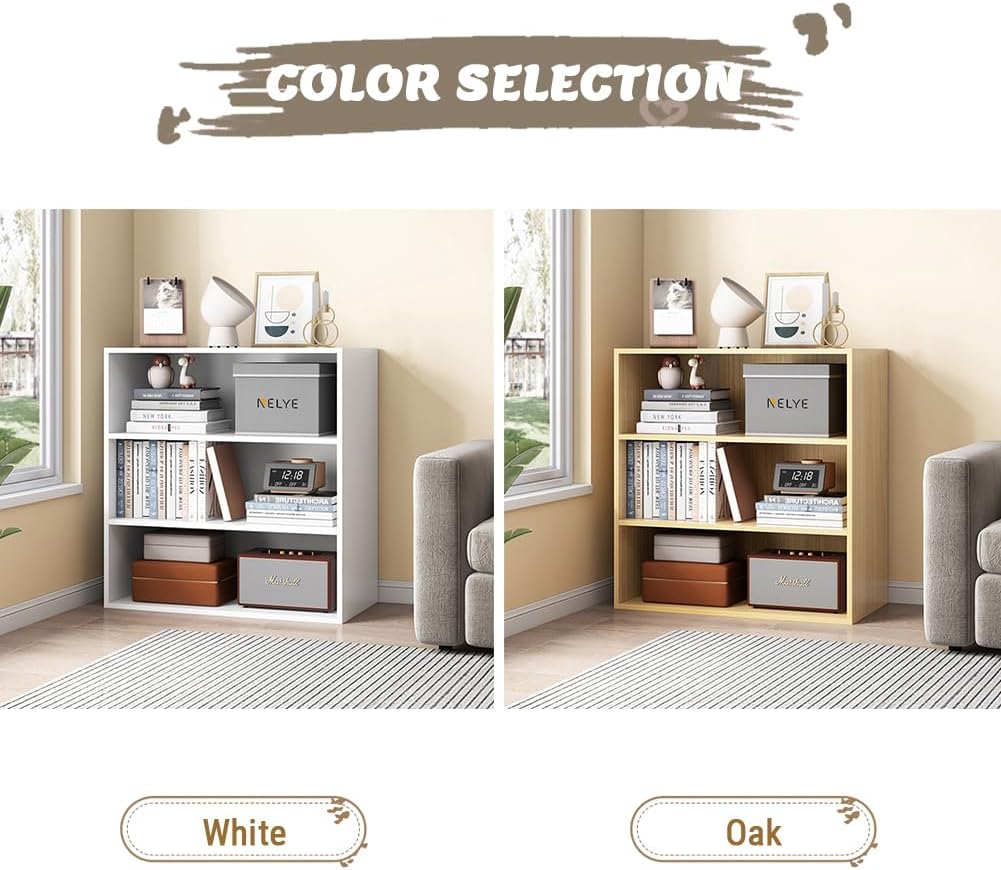 Basic Open Shelf Bookcase - 3-Tier Wooden Cube Storage Shelves Split Bookshelf, Oak