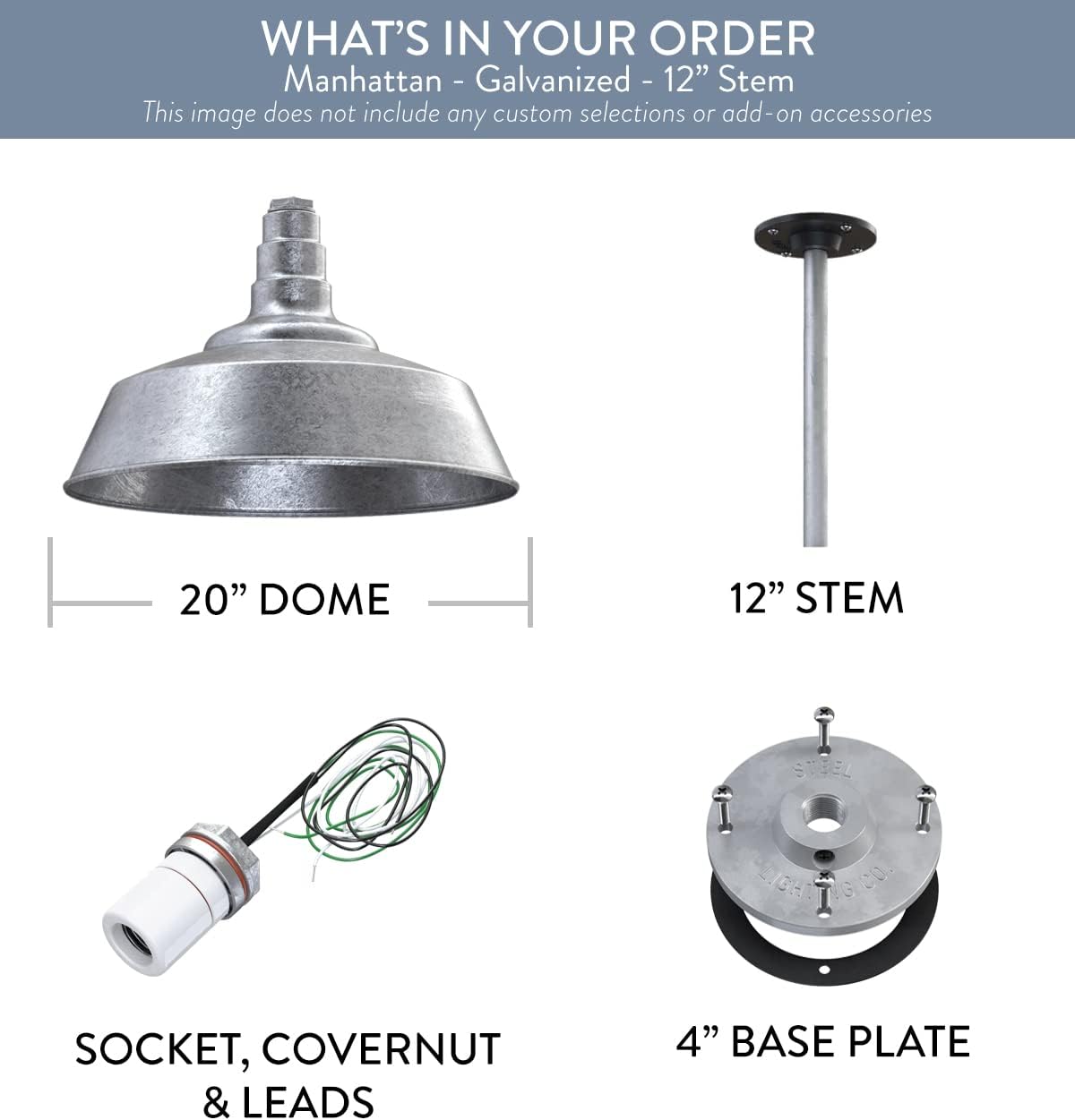 Steel Lighting Co. Manhattan Warehouse Light | Ceiling Mounted Pendant | 20 inch Dome | 12 inch Stem | Large Steel Barn Light Made in America | Galvanized Exterior/Galvanized Interior