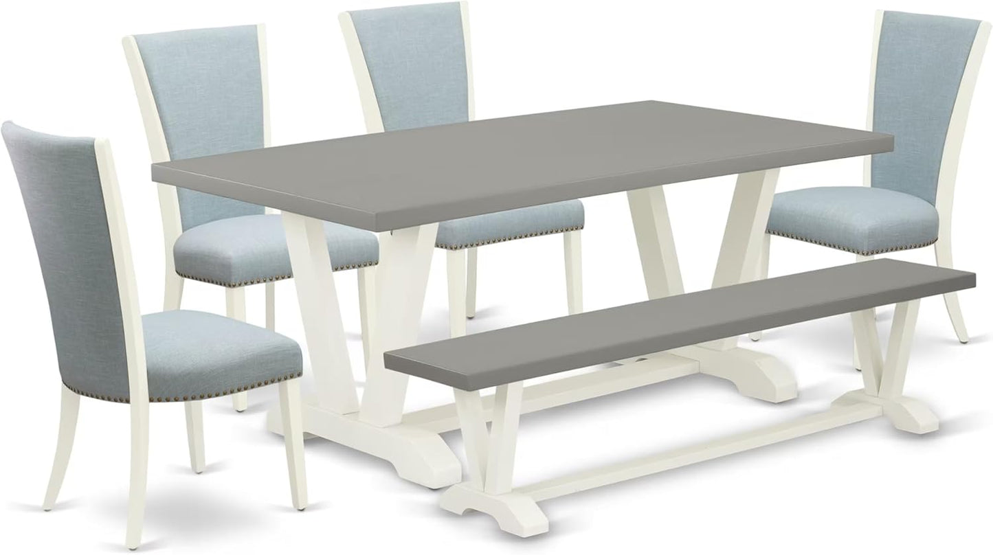 East West Furniture V097VE215-6 6 Piece Kitchen Table Set Contains a Rectangle Dining Table with V-Legs and 4 Baby Blue Linen Fabric Parson Chairs with a Bench, 40x72 Inch, Multi-Color